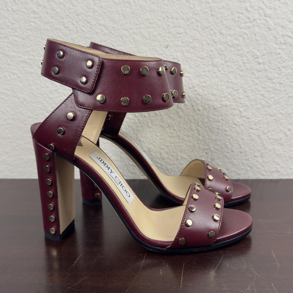 Jimmy Choo Sandals Womens Size 5.5 Red Studded Ankle Strap Block Heels Italy